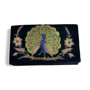Vintage Black Velvet Peacock Evening Clutch Purse Zardozi Hand Embroidery